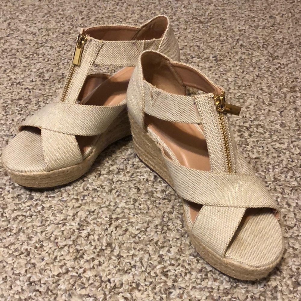 A New Day Nude Wedge Sandal with Gold Shimmer - Gold Zipper Detail - Size 8